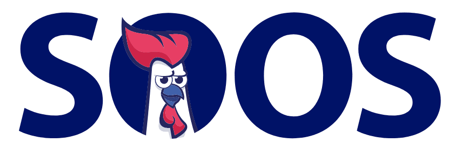 Word SOOS with rooster head in first O