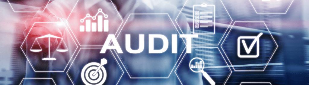 the word audit with technical icons in futuristic honeycomb pattern