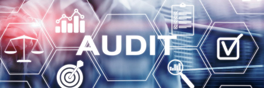 the word audit with technical icons in futuristic honeycomb pattern