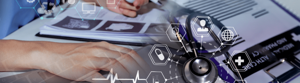 A doctor's making notes with medical icons floating in front