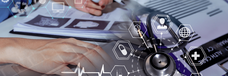 A doctor's making notes with medical icons floating in front