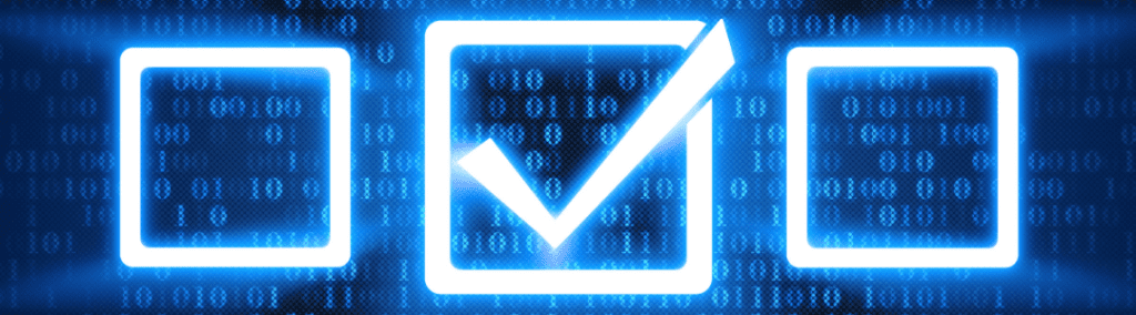 Illuminated checkboxes with computer code in the background