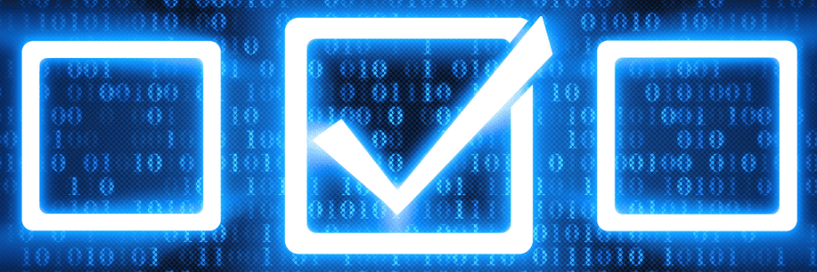 Illuminated checkboxes with computer code in the background