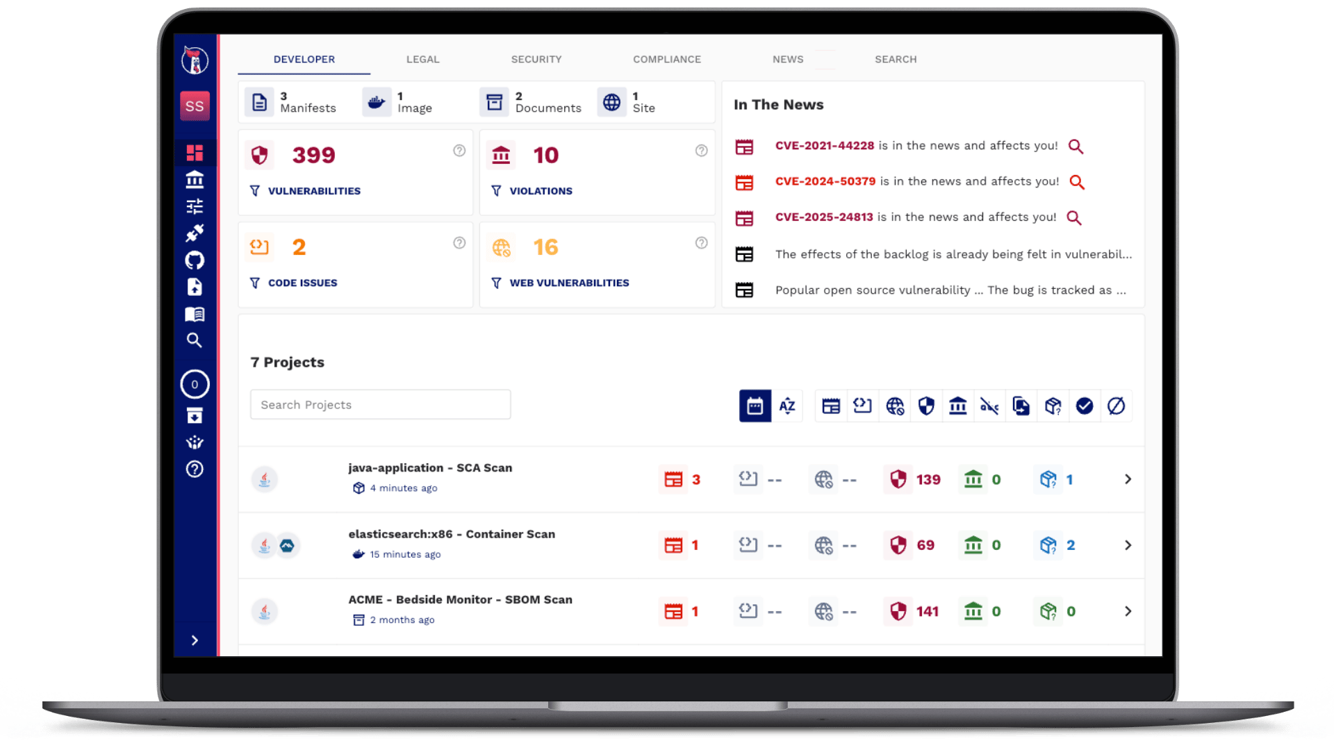 A laptop with the SOOS developer dashboard on the screen. High level statistics about vulnerabilities, policy violations, and project summaries can be seen.
