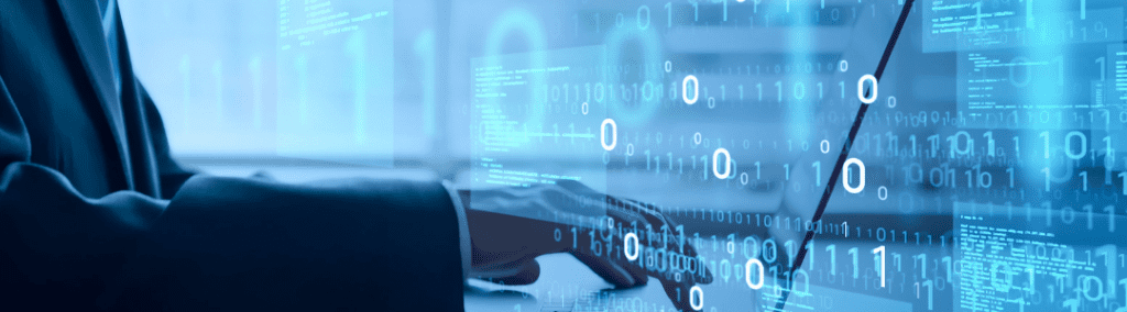 A man at a desk with futuristic floating symbols