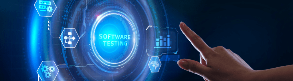 A finger pointing at the words software testing on a futuristic screen surrounded by icons