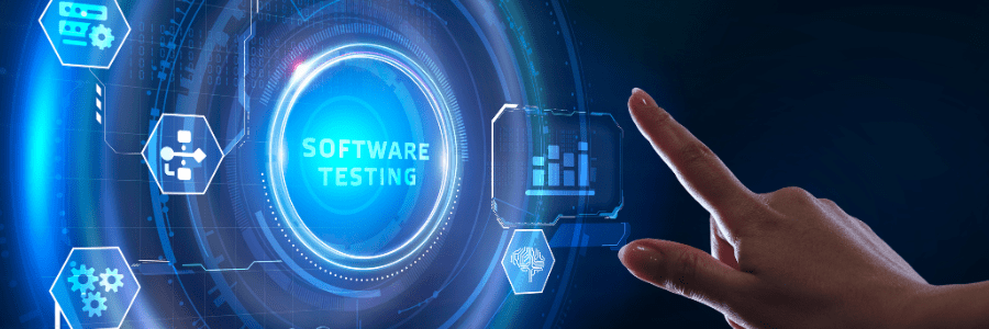 A finger pointing at the words software testing on a futuristic screen surrounded by icons