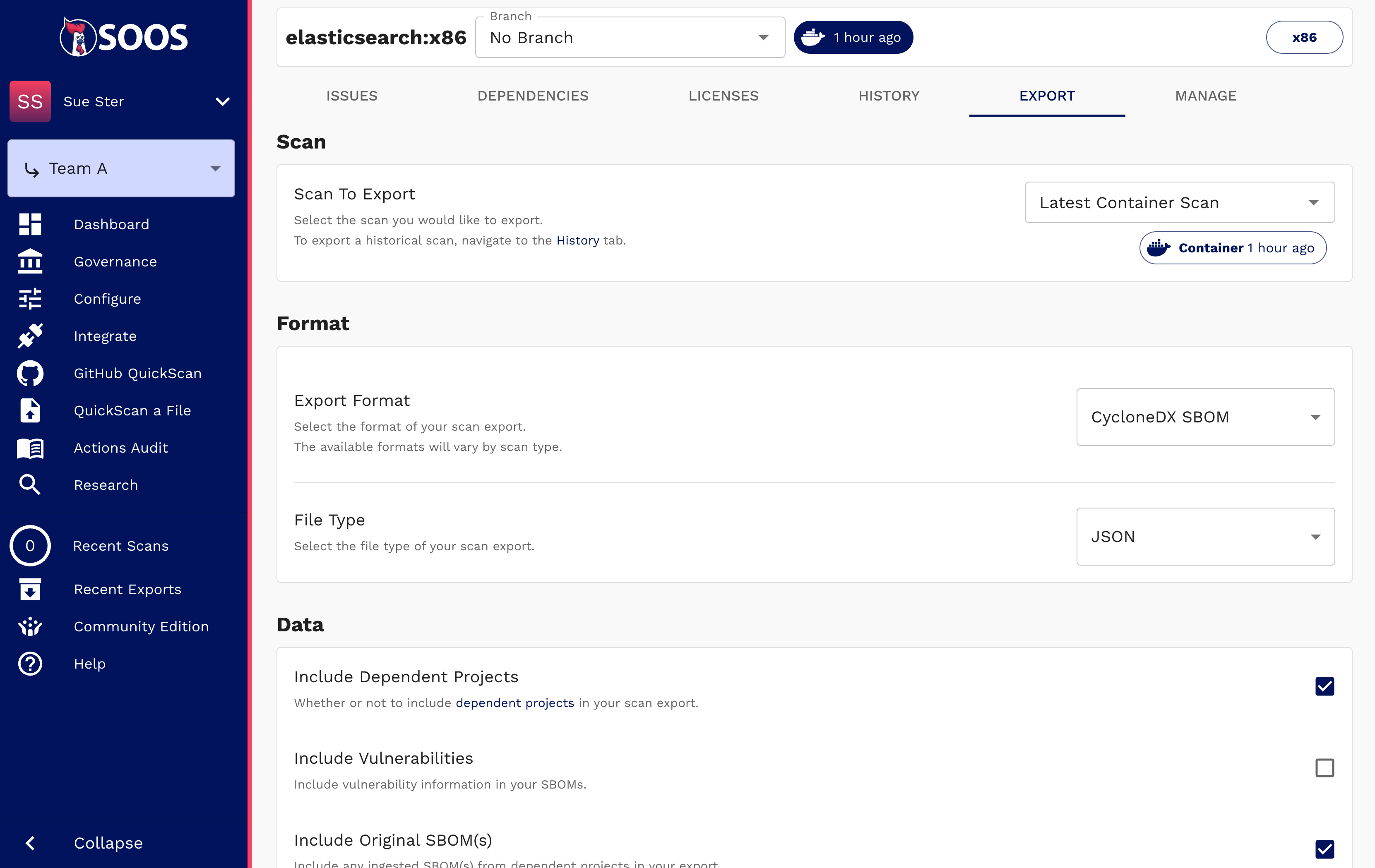 A view of the SOOS exports screen for a container scan with CycloneDX SBOM format, JSON selected and ready for download.