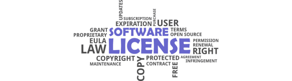 A word cloud with software license at its core with related terms radiating around the center