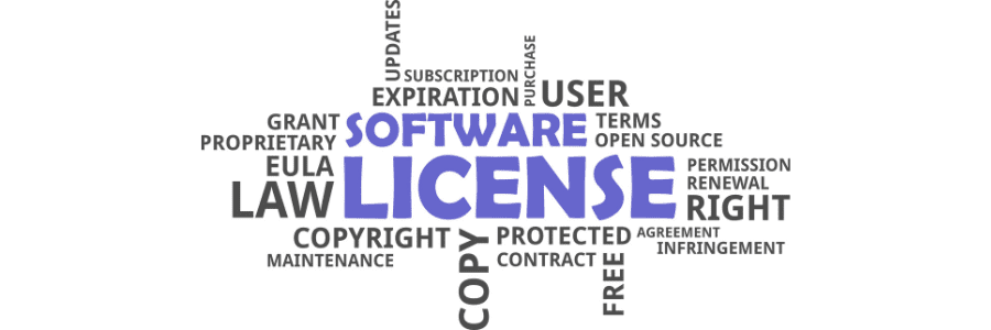 A word cloud with software license at its core with related terms radiating around the center